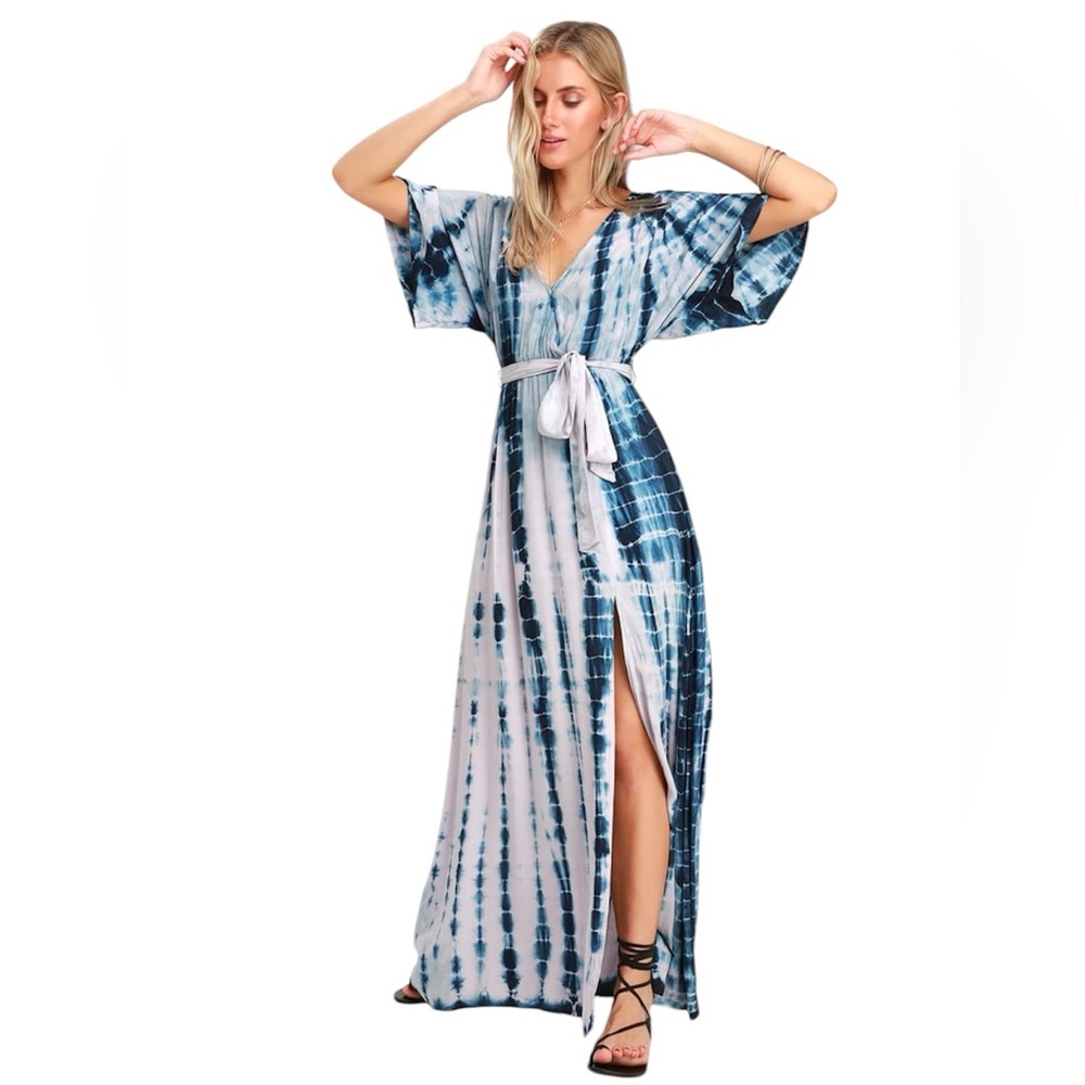 Lulus Seaside Dream Navy Blue and Lavender Tie-Dye Maxi Dress Large